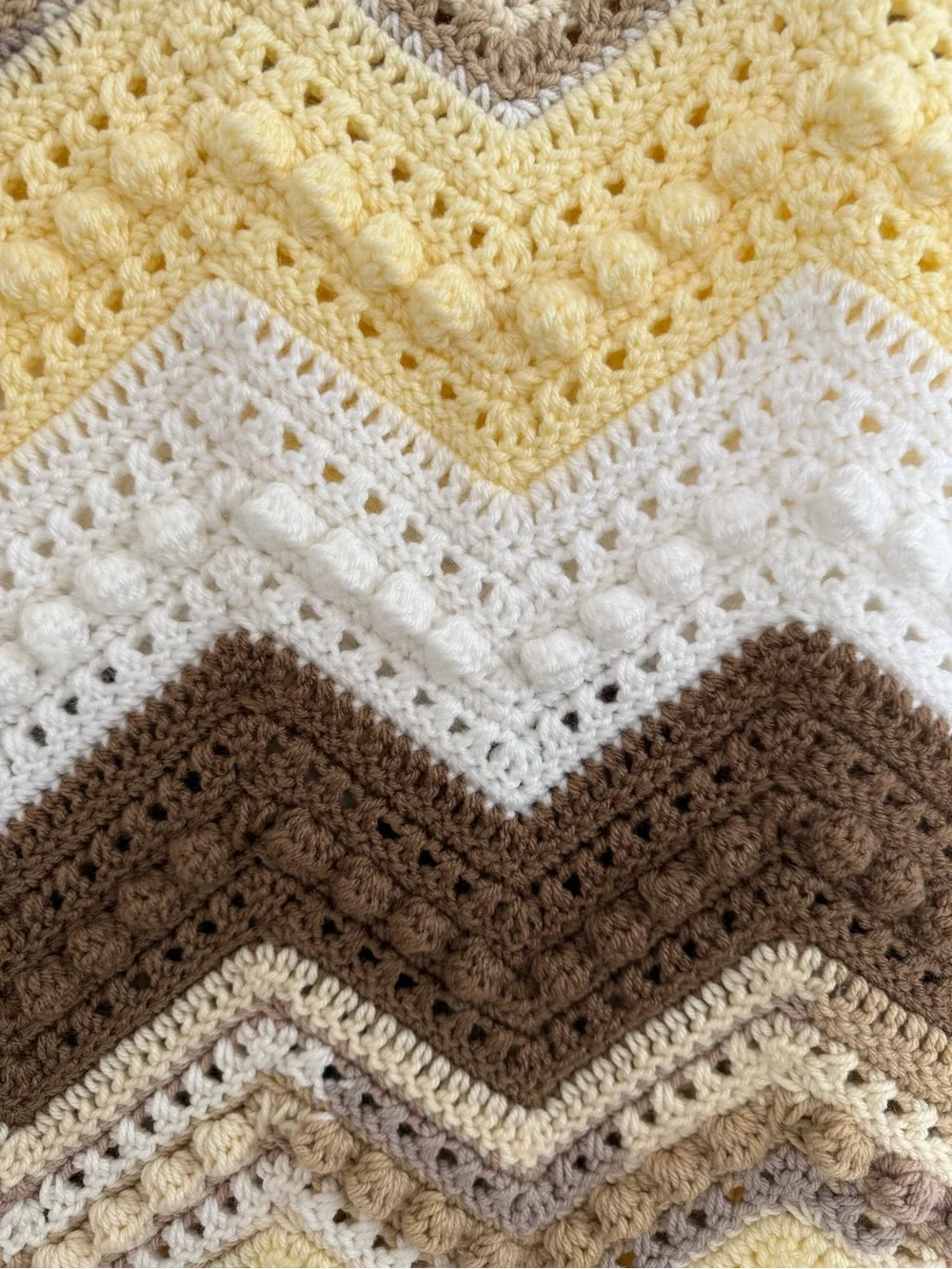Handmade Chevron Crochet Baby Blanket - Cream, Brown, Pale Yellow, White